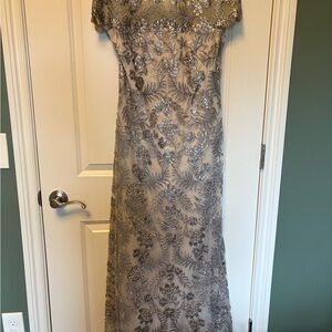 Tadashi Shoji Taupe Maxi Gown with Silver Sequin Embroidery